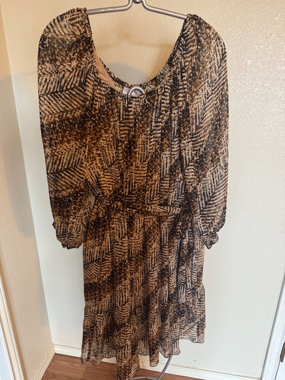 Women’s Brown Patterned Long-Sleeve Sheer Dress